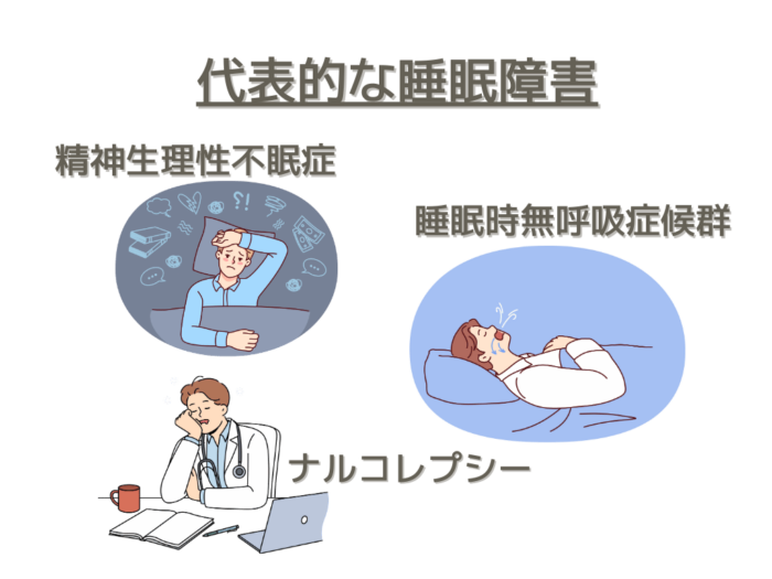 代表的な睡眠障害　精神生理性不眠症　睡眠時無呼吸症候群　ナルコレプシー