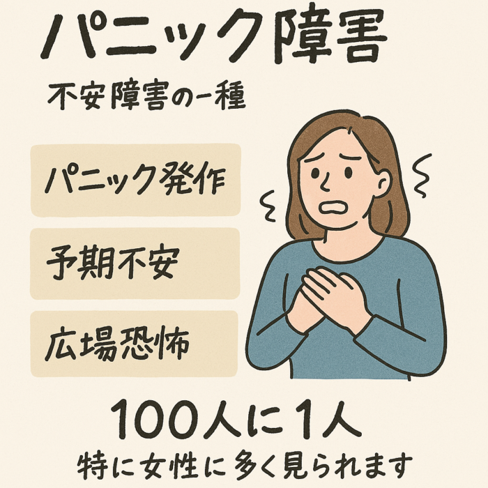 パニック障害 不安症の一種 パニック発作 予期不安 広場恐怖 100人に一人 女性に多く見られます