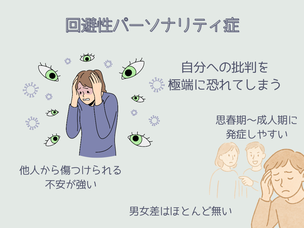 回避性パーソナリティ症　自分への批判を極端に恐れてしまう　他人から傷つけられる不安が強い　思春期～成人期に発症しやすい　男女差はほとんど無い