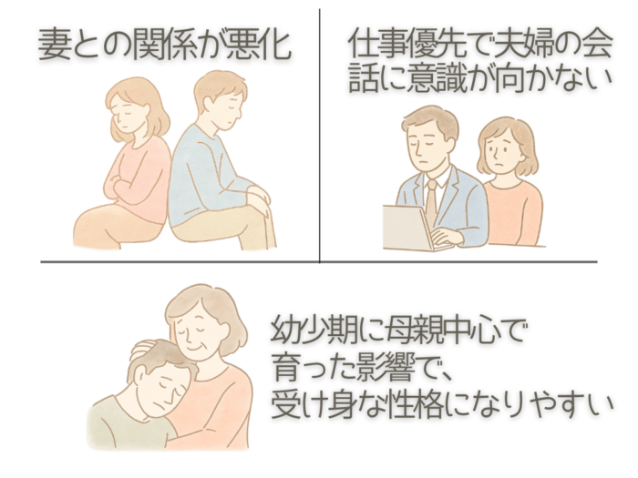 妻との関係が悪化 仕事優先で夫婦の会話に意識が向かない 幼少期に母親中心で育った影響で受け身な性格になりやすい